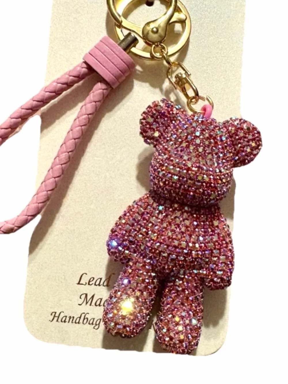 Natasha Couture Pink Teddy Bear Crystal Keychain with braided strap NEW